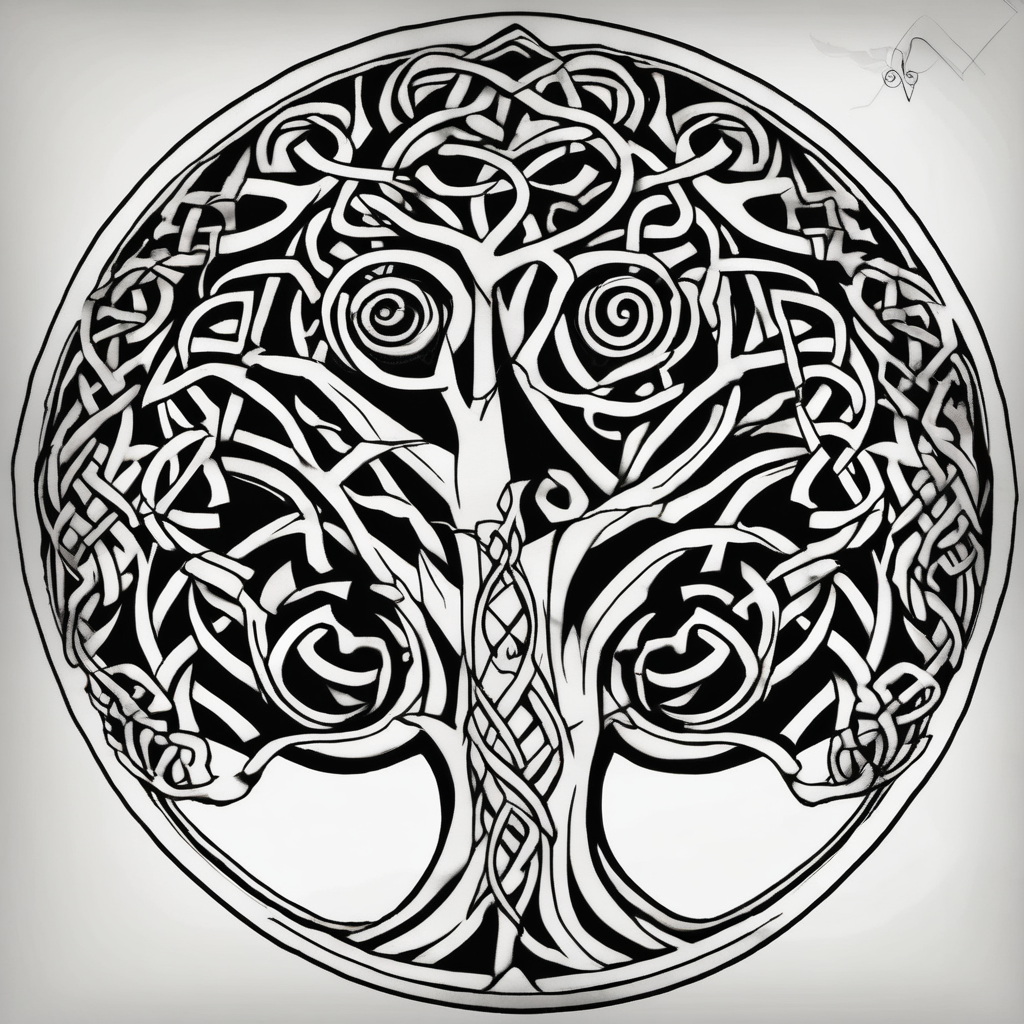 Irish shoulder tattoo, that is non-religious and has a Celtic tree hello kitty tattoo(AIが生成した白黒スタイルのタトゥーデザイン)